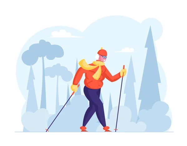 Senior Female Character Exercising with Scandinavian Walking Sticks. Mujer jubilada feliz estilo de vida saludable y deporte al aire libre. Senora Envejecida Actividad Deportiva Enrutamiento Dibujos Animados Vector plano Ilustración — Vector de stock