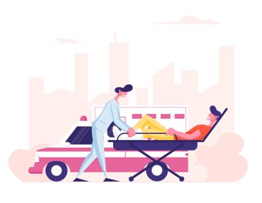 Ambulance Medical Staff Service Occupation. Medic Transporting Man Patient with Broken Leg to Hospital. Emergency Paramedic Doctor Character and Car, Health Care Cartoon Flat Vector Illustration