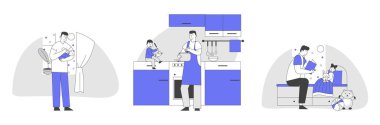 Set of Single Father Engaged in Raising Children. Dad Feed Son with Bottle, Cooking Meal, Reading Book to Daughter. Happy Family Sparetime of Kids and Daddy, Cartoon Flat Vector Illustration, Line Art