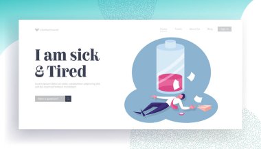 Working Burn Out, Zero Accumulator Power Website Landing Page. Tired, Sick and Exhausted Businessman Lying near Huge Battery with Low Energy Percent Web Page Banner. Cartoon Flat Vector Illustration