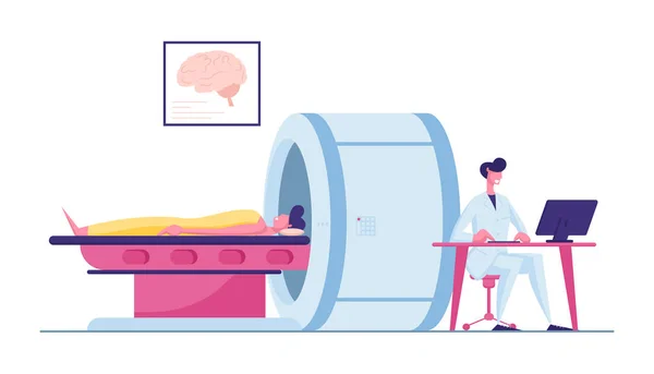 Доктор смотрит на результаты сканирования мозга пациента на экране монитора компьютера перед машиной МРТ с лежащим человеком. Проверка здоровья в больнице, сканирование изображений с плоским вектором мультфильма — стоковый вектор