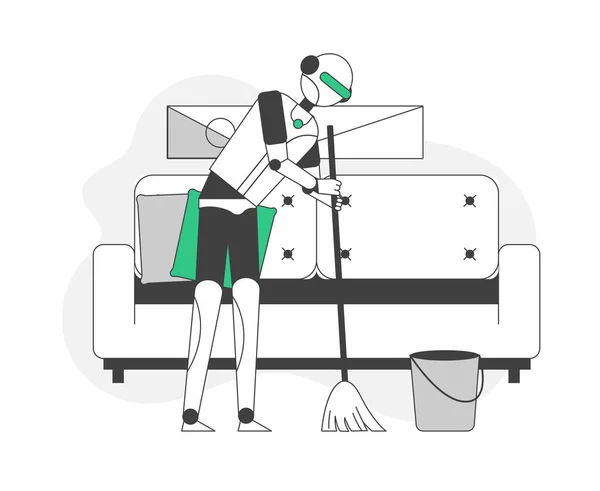 Cyborg Cleaner Sweeping Floor. Inteligência artificial ajudando em tarefas domésticas e domésticas. Eletrônica para donas de casa. Tecnologia de robótica Desenhos animados ilustração vetorial plana, arte de linha — Vetor de Stock