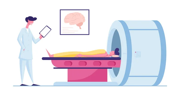 Medical Health Care. Patient Lying Down on Mri Scan Machine with Doctor Standing Next to Him. Magnetic Resonance Imaging Digital Technology in Medicine Diagnostic. Cartoon Flat Vector Illustration — 스톡 벡터