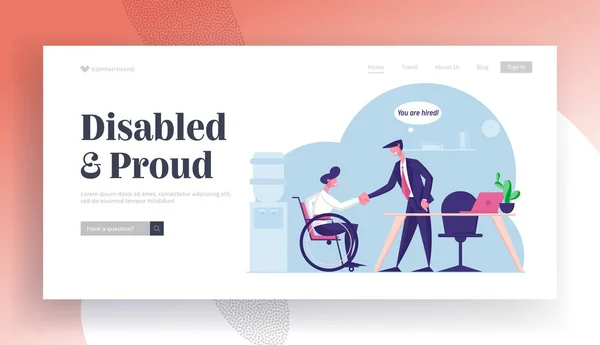 Disability Employment, Work for Disabled People Website Landing Page. Handicapped Man Sit in Wheelchair Shaking Hand with Boss or Colleague in Office Web Page Banner. Cartoon Flat Vector Illustration — Stockový vektor