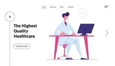 Çalışan Web Sitesi İniş Sayfası 'ndaki Hastane Sağlık Hizmetleri Personeli. Beyaz cüppeli erkek doktor masada oturan bilgisayarda çalışıyor. Tıp Mesleği Web Sayfası Afişi. Çizgi film Düz Vektör İllüstrasyonu