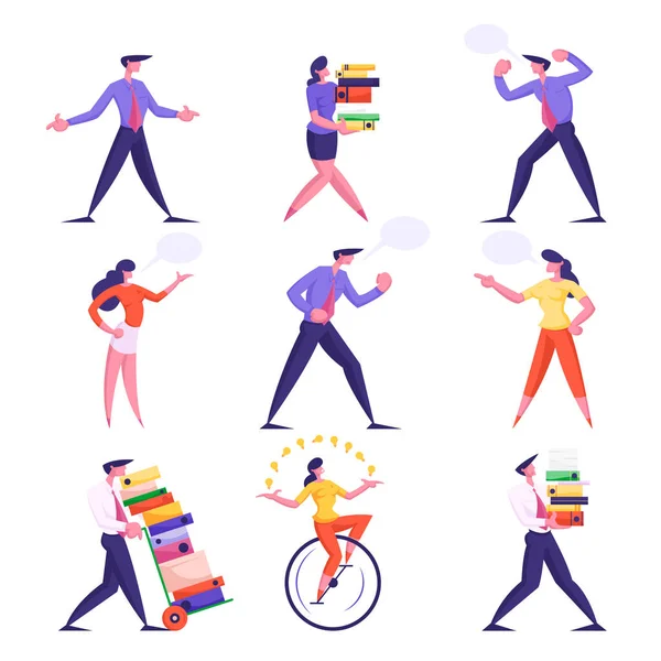 Set of Businesspeople Men and Women Carry Huge Piles of Document Folders, Deadline. Speaking and Yelling on Each Other with Speech Bubbles, Riding Monowheel Bike Cartoon Flat Vector Illustration — 스톡 벡터