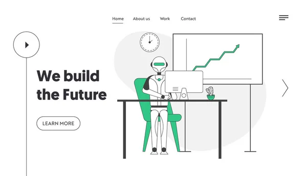 Artificiell intelligens i mänskligt liv webbplats landning sida. Robot Sitter vid skrivbordet med datorarbete i Office. Smarta enheter Automatisering webbsida Banner. Tecknad Platt vektor Illustration, Linje konst — Stock vektor