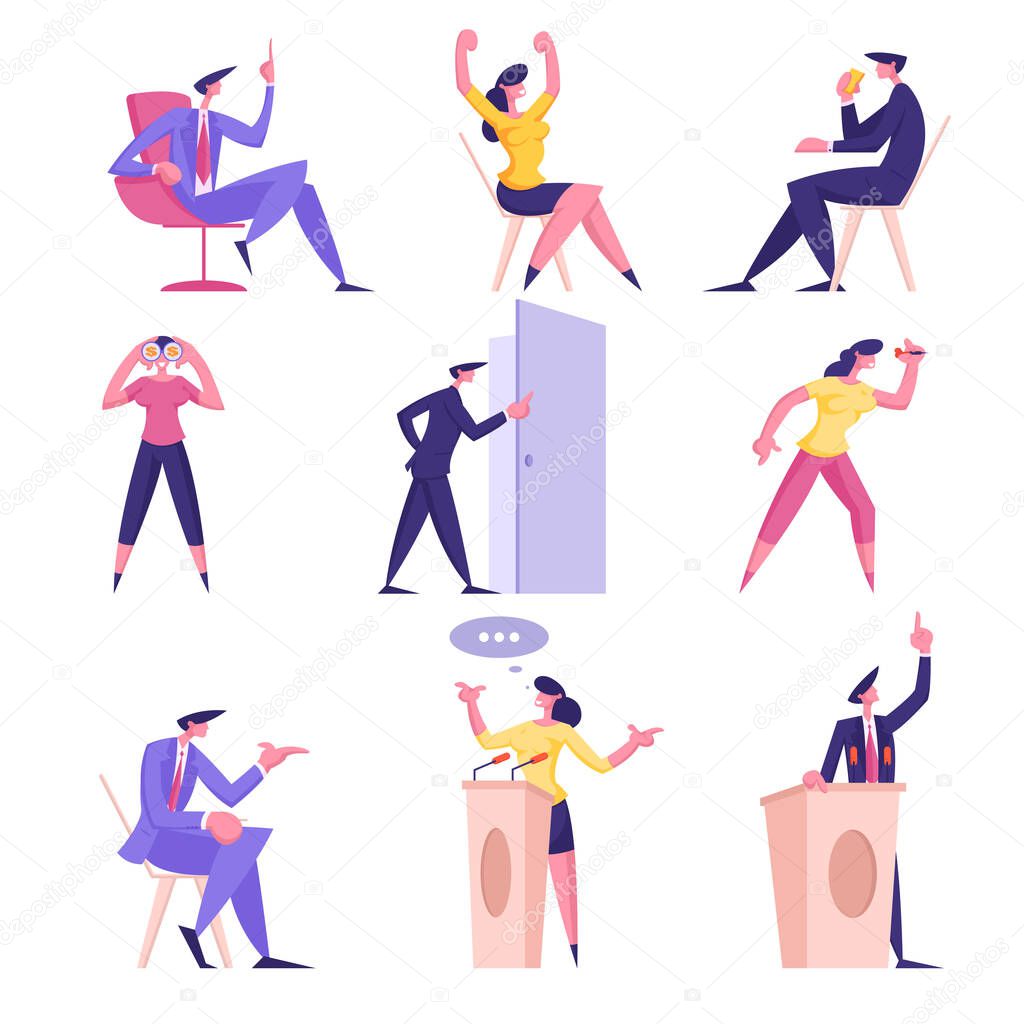 Set Of Businesspeople Men And Women Politics Debates On Tribune Sitting On Chair In Office Playing Darts Open Door For New Opportunity Or Hiring Job Drink Coffee Cartoon Flat Vector Illustration