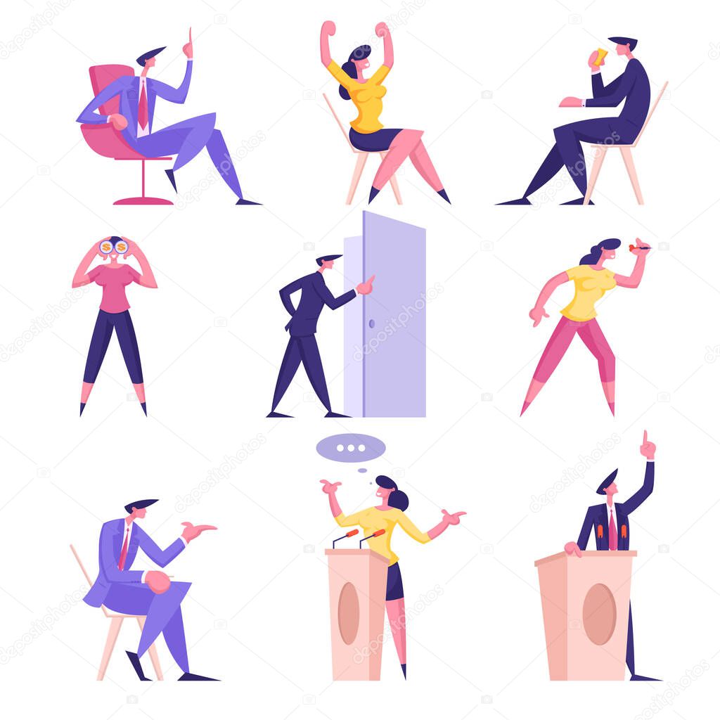Set Of Businesspeople Men And Women Politics Debates On Tribune Sitting On Chair In Office Playing Darts Open Door For New Opportunity Or Hiring Job Drink Coffee Cartoon Flat Vector Illustration Set Of Businesspeople Men And Women Politics Debates On Tribune Sitting On Chair In Office Playing Darts Open Door For New Opportunity Or Hiring Job Drink Coffee Cartoon Flat Vector Illustration