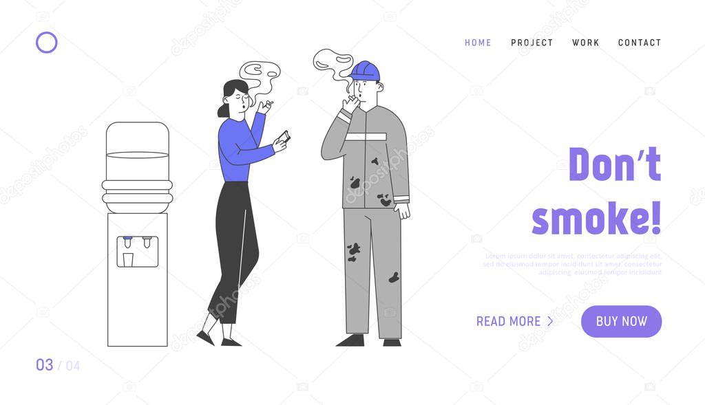 Unhealthy Habit, Smoking Nicotine Tobacco Addiction Website Landing Page. Male Character in Worker Robe and Office Woman Smoking Cigarettes, Web Page Banner. Cartoon Flat Vector Illustration, Line Art