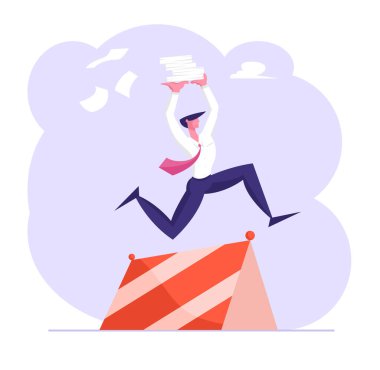 Bariyerin üzerinden atlayan, elinde kağıt kağıtlar olan bir adam. İş adamı ya da Ofis çalışanı Karakteri Aşırı Yoğun İş Günü, Muhasebe Bürokrasisi, Karikatür Düzey Vektör İllüstrasyonu