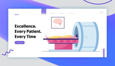 Medicine Diagnostik Web Sitesi İniş Sayfasında Manyetik Rezonans Görüntüleme Dijital Teknolojisi. Tıbbi Sağlık Hizmetleri, MR taramasında yalan söyleyen hasta klinik web sayfası afişi. Çizgi film Düz Vektör İllüstrasyonu