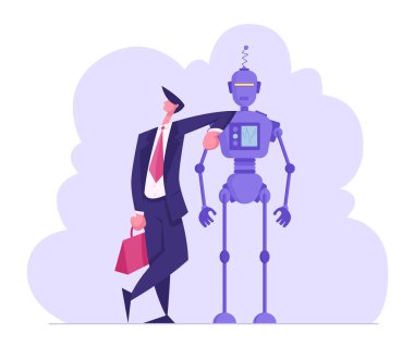 Yapay Zeka ve İnsan İletişim Konsepti. Ofiste çalışan Robot, İnsan ve Sayborg 'a güvenen İşadamı Karakteri. Gelecekçi Teknolojiler, Akıllı Aygıt Çizgi Filmi Düz Vektör İllüstrasyonu