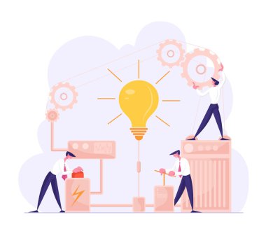 İş adamları, Finansal Fikir Gerçekleştirme ve Arama Karikatürü Düz Vektör İllüstrasyonu ile Mekanizmada Büyük Ampul Kolu ve Kırmızı Düğmeye Basıyor