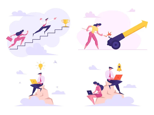 Set of Businesspeople Climbing Up stairs to Get Trophy Goblet, Set on Fire Cannon Charged with Arrow, Sitting on Top of Rock Thinking Creative Idea and Startup Project Cartoon Flat Vector Illustration — Archivo Imágenes Vectoriales