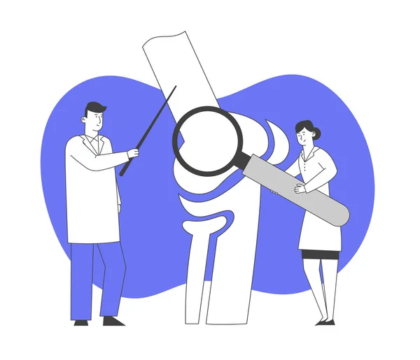 Orthopedics Healthcare Concept. Doctor Orthopedist Pointing on Huge Leg Bone, Nurse with Magnifying Glass. Colleagues Specialist Medical Concilium in Hospital Cartoon Flat Vector Illustration Line Art — 스톡 벡터
