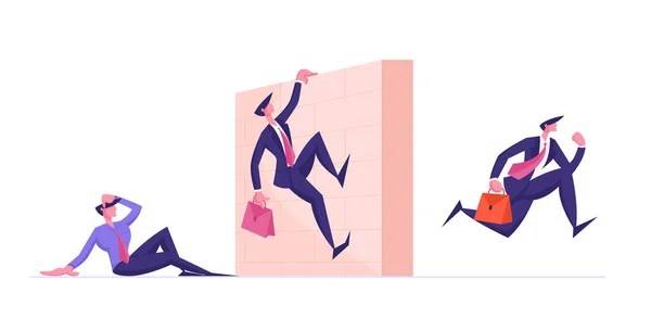 Business People Characters Obstacle Race. Managers Holding Briefcase with Documents Jumping over Barrier Wall on Stadium. Leadership Running, Colleagues Steeplechase. Cartoon Flat Vector Illustration — 스톡 벡터