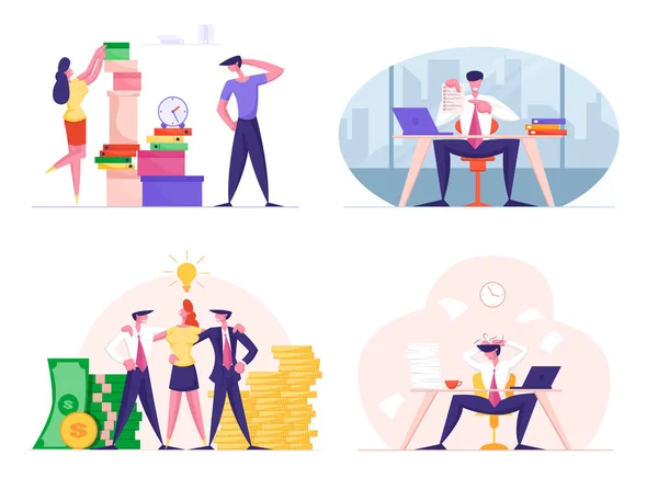 Set of Businesspeople Men and Women Overworked with Paperwork in Office, Demonstrate Certificate, Happy Team Stand near Huge Money Piles. Pessoas de negócios Estilo de vida Desenhos animados Flat Vector Ilustração —  Vetores de Stock