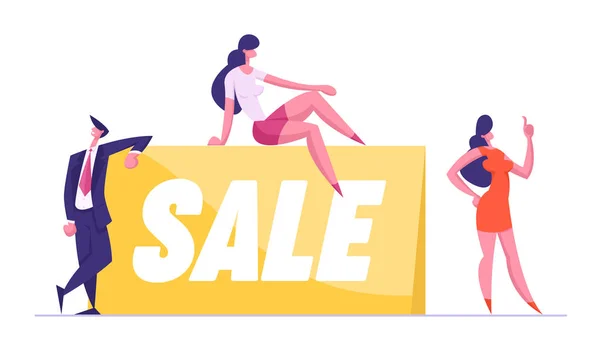 Discount Offer Concept. Happy Business People around Huge Banner with Sale Typography. Male and Female Characters Shopping Recreation, Consumerism and Price Off Promo. Cartoon Flat Vector Illustration — 스톡 벡터