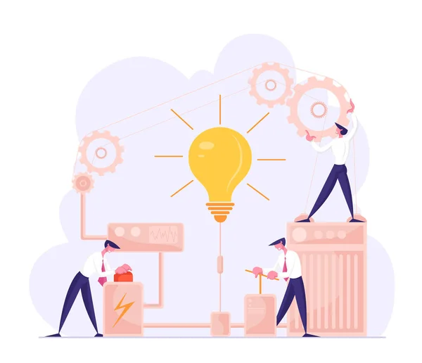 Businessmen Launch Huge Light Bulb Pushing Lever Arm and Red Button in Mechanism with Gears, Business Project Startup Financial Idea Realization and Searching Solution Cartoon Flat Vector Illustration — 스톡 벡터