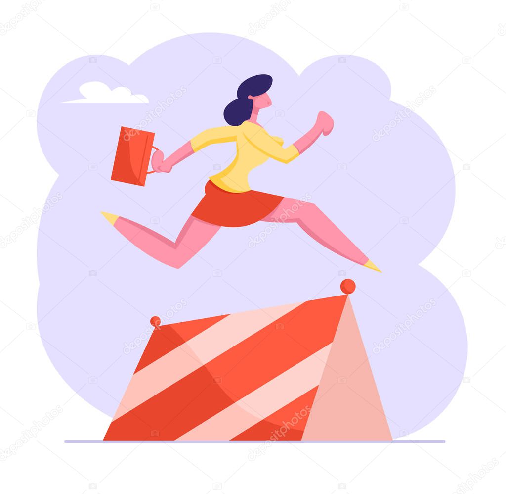 Business Woman Character with Briefcase in Hand Running on Stadium Jumping over Barriers. Successful Businesswoman Run Competition, Race Marathon Leadership Concept Cartoon Flat Vector Illustration