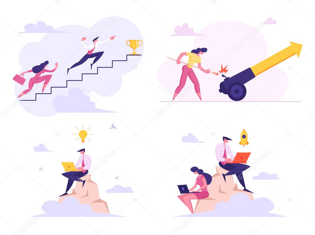 Set of Businesspeople Climbing Upstairs to Get Trophy Goblet, Set on Fire Cannon Charged with Arrow, Sitting on Top of Rock Thinking Creative Idea and Startup Project Cartoon Flat Vector Illustration