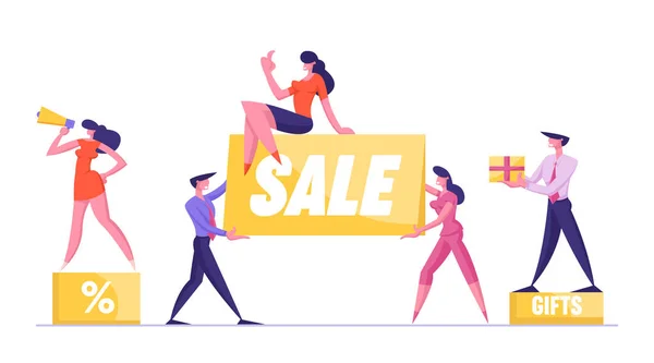 Big Sale Concept. Woman Promoter with Megaphone Stand on Podium with Percent Symbol. Customer Holding Gift. Special Shopping Offer Promotion Discount and Price Off Day Cartoon Flat Vector Illustration — 스톡 벡터