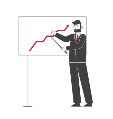 Konferans odasında sunum, seminer. İş Eğiticisi Whiteboard 'da Veri Analizi ve İstatistik Okuyla Finansal Danışmanlık Veriyor, Çizgi Düz Vektör İlülasyonu, Çizgi Sanat
