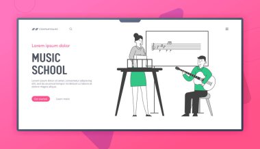 Müzik Okulu Web Sitesi İniş Sayfası 'nda ders alan küçük çocuk. Özel öğretmenin yardımıyla gitar çalan bir öğrenci var. Gitarist Müzik Eğitimi Web Sayfası Afişi. Çizgi film Düz Vektör İllüstrasyonu, Satır Sanatı