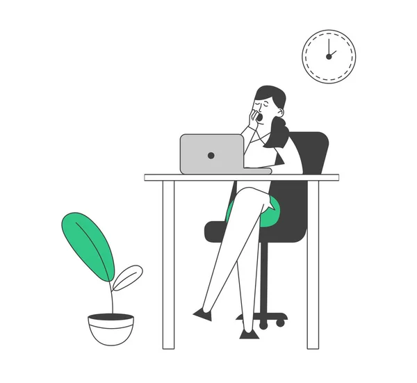 Procrastination Konzept. Aufschiebende faule Geschäftsfrau Gähnen am Arbeitsplatz Sitzen am Schreibtisch Aufschieben der Arbeit, unrentable Arbeitszeit Cartoon Flat Vector Illustration, Line Art — Stockvektor