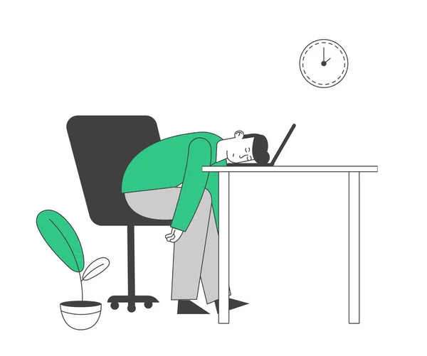 Cansado o aburrido Empresario acostado en el ordenador portátil. Burnout emocional, hombre de negocios del trabajo duro que sueña en el lugar de trabajo con la computadora en la oficina, ilustración plana del vector de la historieta del empleado que duerme, arte de la línea — Archivo Imágenes Vectoriales