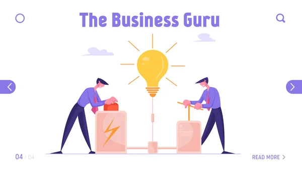 Бізнесмени Пошук Творчої ідеї Сайт Landing Page Business People Push Huge Lever Arm and Red Button for Launching Huge Glowing Light Bulb Web Page Banner Cartoon Flat Vector Illustration — стоковий вектор