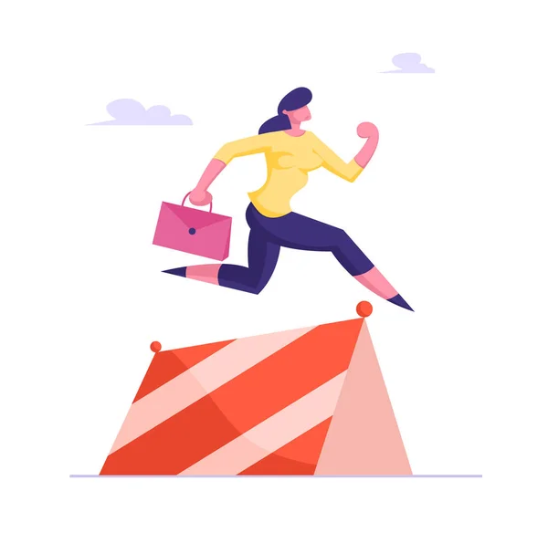 İş kadını karakteri engelli koşu yarışı el çantasını bariyerin üzerinden atlarken tutuyor. Başarılı İş kadını Yarışması ve Liderlik Çizgi Film Düzey Vektör İllüstrasyonu — Stok Vektör