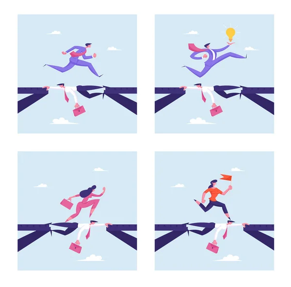 Set van Social Climber Careerist Reach Goal. Zakenmensen overwinnen Abyss Going by Back of Partner zoals op Bridge. Uitdaging, Zakenmensen Manager Loop over hoofden Cartoon Flat Vector Illustratie — Stockvector