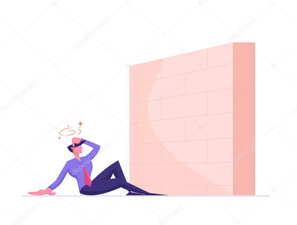 Business Obstacle and Barrier Concept. Businessman Sit on Ground with Dizzy Head front of High Brick Wall Face Difficulty on Way to Goal Achievement. Path to Success Cartoon Flat Vector Illustration