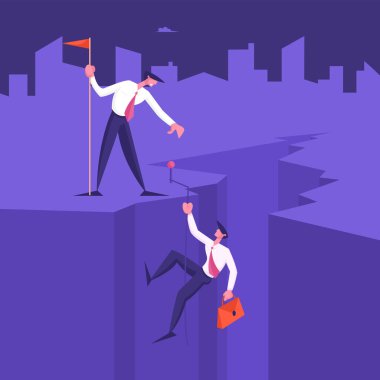 Business Leader Character Help Colleague Climb to Top of Cleft with Hoisted Red Flag, Businessman Help Teammate to Go Up on Mountain Peak. Teamwork, Leadership Concept Cartoon Flat Vector Illustration clipart