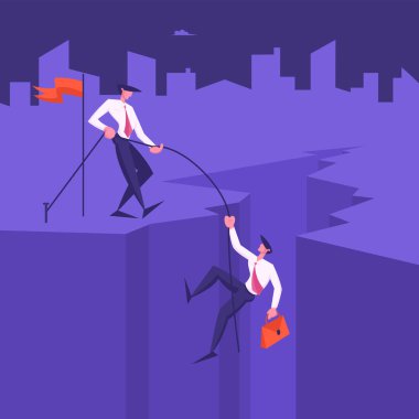 İş adamı, Yarık Dibinden Dağ Zirvesine tırmanırken Lider, İple İş Arkadaşını Çekiyor. Yardım, Takım Çalışması, Hedef Başarı İçin Birlikte Çalışan İnsanlar Çizgi Film Düzey Vektör İllüstrasyonu