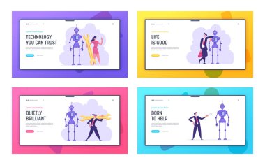 Yapay Zeka Toplama Teknolojisi ve Bilim Geliştirme Web Sitesi İniş Sayfası Seti. Mühendisler ya da İş Adamları Karakterleri Ai Robot Web Sayfası Afişi Kurun. Çizgi film Düz Vektör İllüstrasyonu