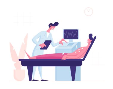 Doktor Tarayıcı Genç Adam Ultrason Tanı Makinesi ile. Sağlık, Tıp Konsepti, Özel Tarayıcı ve Göğüs Çizgisi Çizgi Filmi Düz Vektör İllüstrasyonunda Enayiler ile Odada Kanepede Yatan Hasta