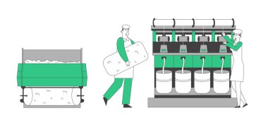 Tekstil Makineleri, Erkek ve Kadın Fabrikası Üniformalı İşçi Karakterleri Weaver Odası 'nda Yün Kumaş Yapıyor. Bitki Tesisleri Karikatür Düz Vektör İllüstrasyonu, Çizgi Sanat