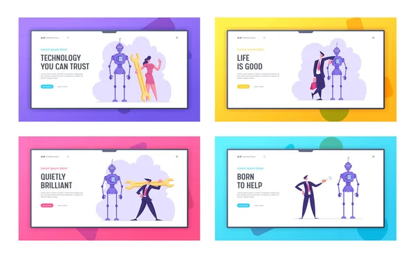 Kunstmatige intelligentie Assembly Technology and Science Development Website Landing Page Set. Ingenieurs of zakenmensen personages opzetten Ai Robot Web Page Banner. Cartoon Flat Vector Illustratie — Stockvector