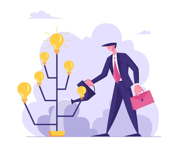 Uomo d'affari creativo che indossa formale usura irrigazione Idea albero con lampadine incandescenti sui rami. Progetto di avvio che porta il successo di denaro finanziario, Brainstorm Insight Cartoon Flat Vector Illustrazione — Vettoriale Stock