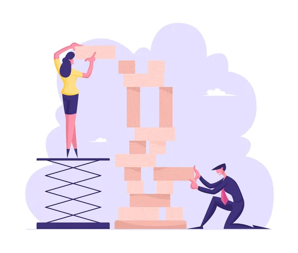 Bedrijfsstrategie Concept. Mensen spelen Team Game Building Enorme toren van houten blokken. Bedrijf Recreatie, Bordspel Uitdaging, Collega 's Teamwork, Cartoon Flat Vector Illustratie — Stockvector