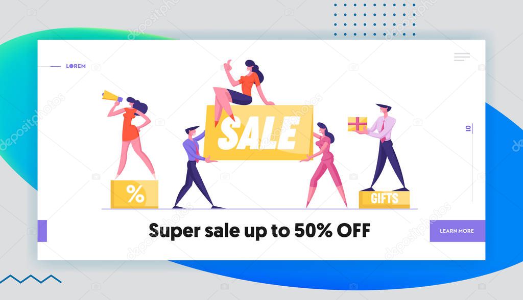 Big Sale Website Landing Page. Woman Promoter with Megaphone Stand on Podium with Percent Symbol. Customer Holding Gift. Special Shopping Offer Web Page Banner. Cartoon Flat Vector Illustration