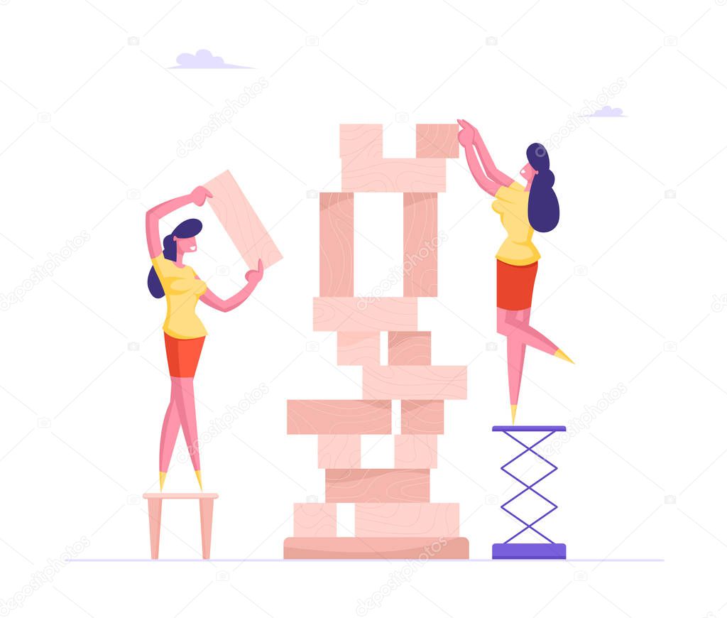 Young Women Playing Intellectual Strategic Board Game Put Wooden Block Pieces on Each Other for Making High Tower. Female Characters Assemble Puzzle, Business Strategy Cartoon Flat Vector Illustration