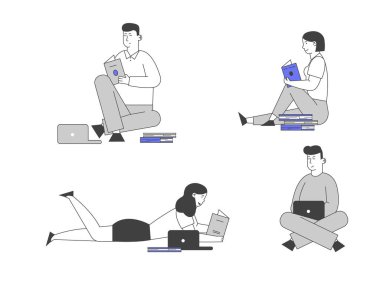 Beyaz Arkaplan 'da izole edilmiş Gençler Çalışma Alanı. Dizüstü bilgisayarları ve kitapları olan kızlar ve erkekler sınava hazırlanıyor. Uzaklık Öğrenme, Çevrimiçi Kurslar Çizgi Film Düz Vektör Resmetme Çizgisi Sanatı
