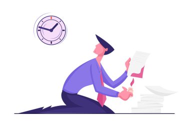 Korkak İşadamı Yerde Otururken Kağıt Çarşafa Yanan Sigara Çakmağı Koydu. İş Adamı Kanıt ya da Suç ve Suç Aktivitesi Çizgi Filmi Düz Vektör İllüstrasyonunu Gizlemek İçin Gizli Belgeleri Yok Etti