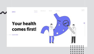 Hasta Mide Helicobacter Hastalığı Sitesi İniş Sayfası. Dev Büyüteç ve İşaretçi Doktorları Gastroenteroloji Öğrenme Sağlığı İnternet Sayfası Afişi. Çizgi film Düz Vektör İllüstrasyonu, Satır Sanatı