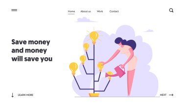 Beyin Fırtınası İçgörü Hasat İşlemi Web Sitesi İniş Sayfası. Işıldayan Ampullerle Fikir Ağacı 'nı sulayan iş kadını. Startup Creative Project Web Sayfası Afişi. Çizgi film Düz Vektör İllüstrasyonu