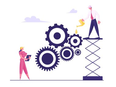 İş Karakterleri Devasa Vites Taşıyor, Tablet 'te Çarkları Kadın Yönetiyor, Yağlı Adam Mekanizması. Çalışan Rutin Süreç ve Takım Çalışması Konsepti. Çizgi film Düz Vektör İllüstrasyonu